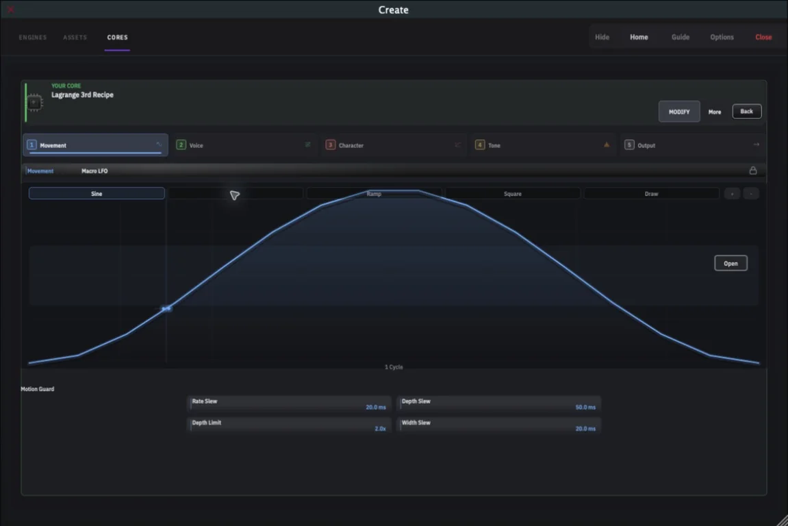 Create core recipe editor displaying the Movement stage and a modulation curve