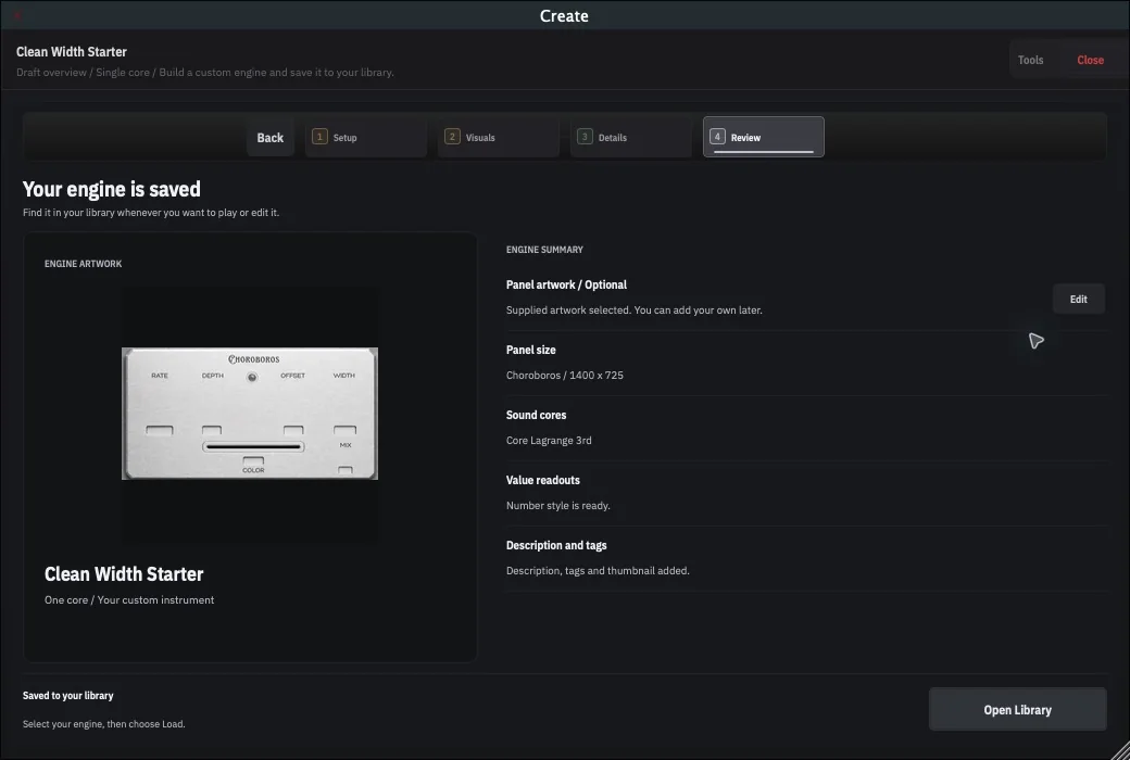 Create Review after saving an engine, with the artwork and engine summary on screen
